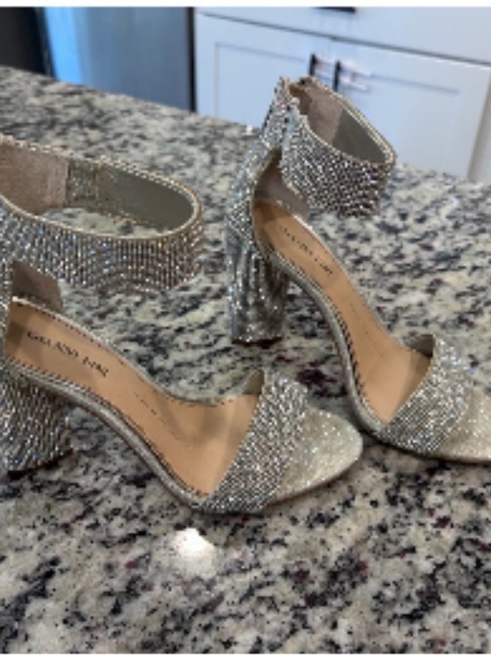 GiGi New York Crystal Embellished Silver Block Heel Sandals